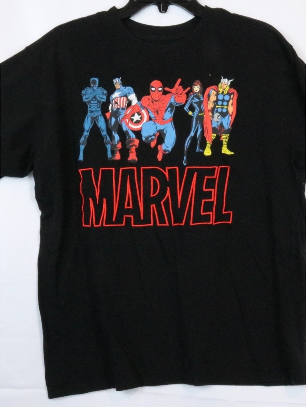 Marvel T Shirt Mens LG Black Thor Spiderman Captain America Embroidered Freeze